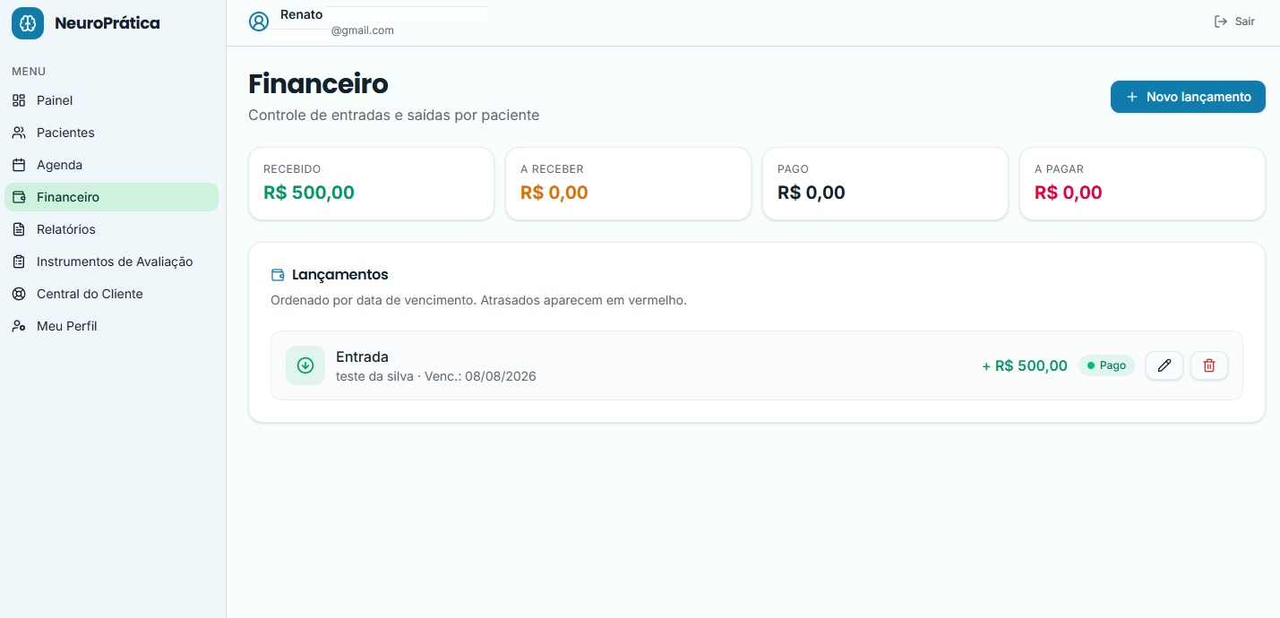 Controle financeiro — Recebido, a receber, pago e a pagar com alertas visuais de atraso.