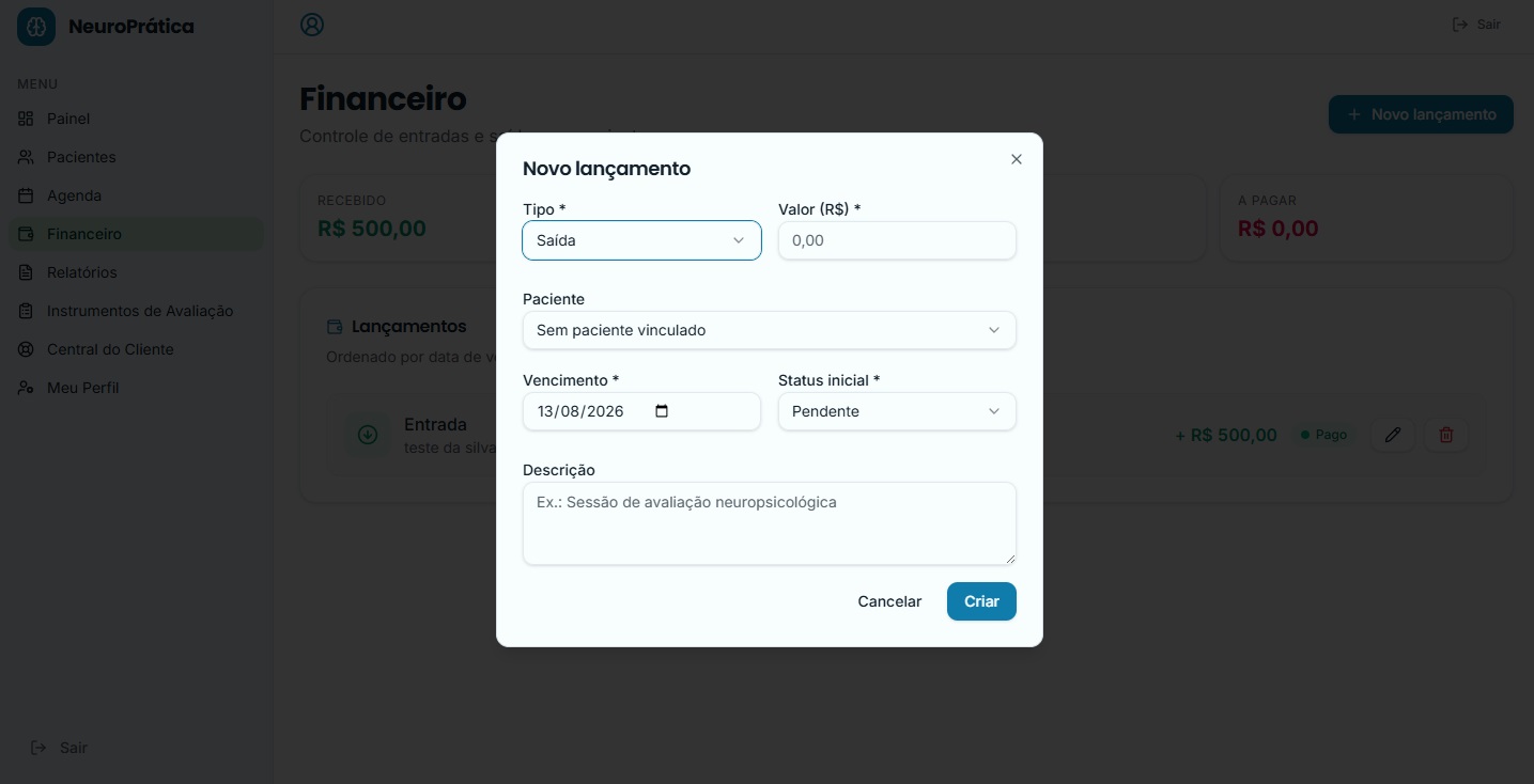 Lançamentos por paciente — Entradas e saídas vinculadas ao paciente, com status e vencimento.